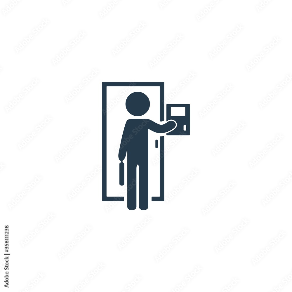 Illustration of man returning home from office and unlocking door. Simple worker life concept icon. Illustration of man returning home from office and unlocking door. Simple worker life concept icon.
