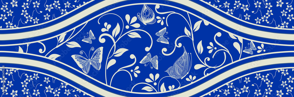 Fototapeta premium Majolica pottery tile, blue and white azulejo, original traditional Portuguese and Spain decor. Seamless border with Victorian motives. Vector illustration.