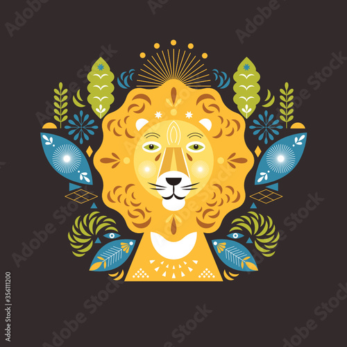 Lion head stylized illustration. Greeting or invitation card. Banner, poster , flyer template. Birthday card. Flat ornamental design, cover design	
