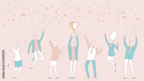 Winner team. Businessman with golden cup. Teamleader, professional boss and happy employees. Win award, people celebrating victory vector illustration. Leader achievement, golden cup hold businessman
