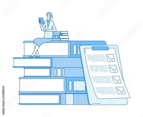 Woman reading. Lover of books, magazines. Literature teacher and list. Self education, girl learns from textbooks vector illustration. Reading and learn books knowledge, bookstore and read literature
