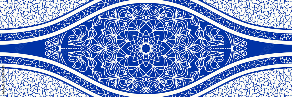 Majolica pottery tile, blue and white azulejo, original traditional Portuguese and Spain decor. Seamless border with Victorian motives. Vector illustration.