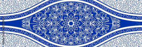 Majolica pottery tile, blue and white azulejo, original traditional Portuguese and Spain decor. Seamless border with Victorian motives. Vector illustration.