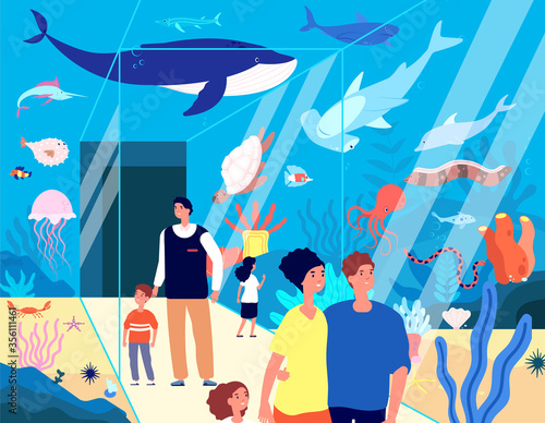 Oceanarium visitors. Underwater aquarium, family looking ocean animals fish in marine zoo. Flat children study sea life vector illustration. Oceanarium and aquarium sea with fish sea animals