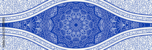Majolica pottery tile, blue and white azulejo, original traditional Portuguese and Spain decor. Seamless border with Victorian motives. Vector illustration.