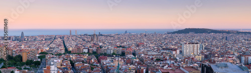 Panorama View over Barcelona Skyline at the blue hour after sunset. Spanish touristy city full of famous buildings, beautiful sea and monuments