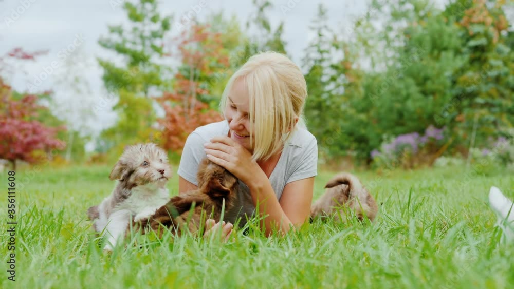 Many puppies play around women Many puppies play around women