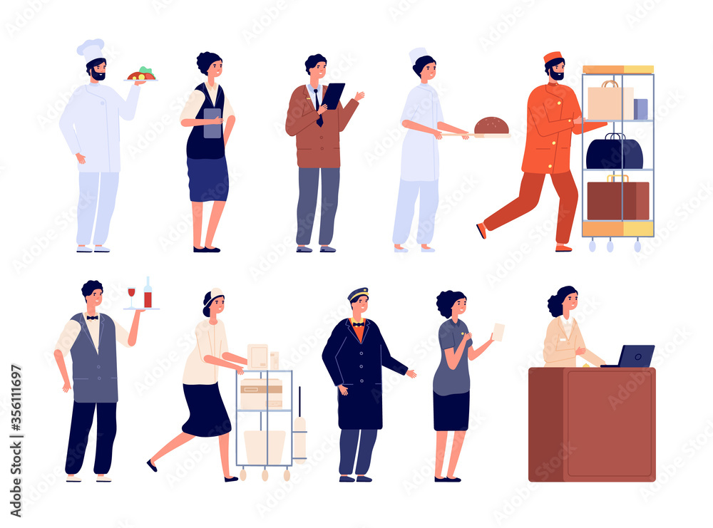 Hotel team. Worker staff, hospitality job employee. Isolated flat manager cleaner receptionist doorman. Restaurant service vector characters. Illustration employee worker in hotel, job hospitality