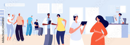 Doctor in hospital. Medical staff work. Flat nurse with patient. Hospitalized people, intensive treatment health service vector illustration. Clinic hospitalized interior, practitioner specialist