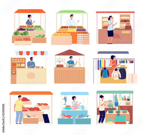 Street counter. Market vendors, sellers natural homemade fresh product. Isolated seafood, vegetables honey shopping stand, stalls vector set. Illustration street kiosk, outdoor counter marketplace