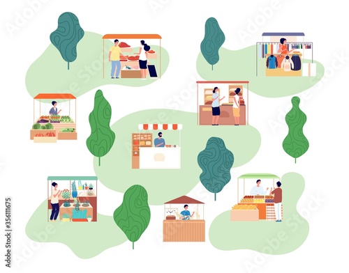 Food market. Pastry bread stand, owner and customer. Farmer sell fresh products, local business. Flat buyers marketplace vector illustration. Market local, sell product on funfair
