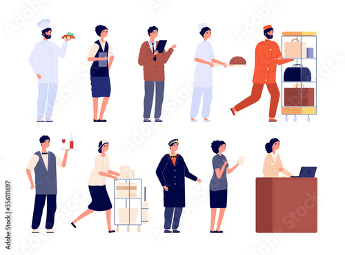 Hotel team. Worker staff, hospitality job employee. Isolated flat manager cleaner receptionist doorman. Restaurant service vector characters. Illustration employee worker in hotel, job hospitality