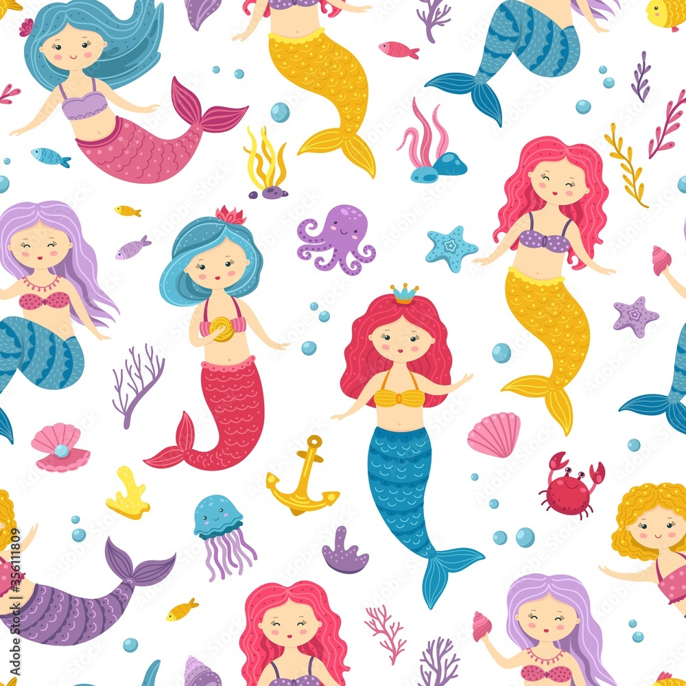 Fototapeta premium Mermaid pattern. Printable underwater mermaids background. Cute nursery print with ocean princesses. Sea fairies vector seamless texture. Princess mermaid, seamless background underwater illustration