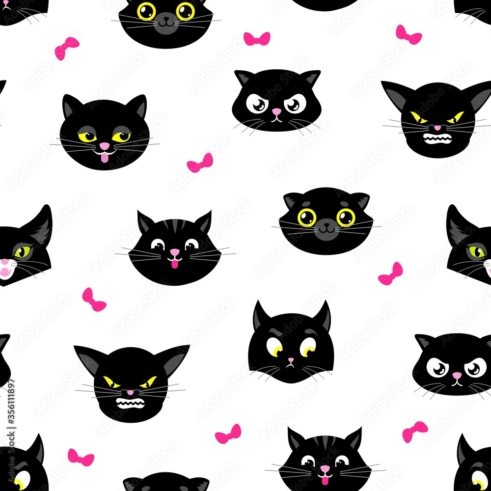 Cat pattern. Halloween cats seamless texture. Black kitten heads with yellow eyes. Kitty fabric print, cartoon animal pets faces vector. Seamless halloween, kitty face mascot illustration Cat pattern. Halloween cats seamless texture. Black kitten heads with yellow eyes. Kitty fabric print, cartoon animal pets faces vector. Seamless halloween, kitty face mascot illustration