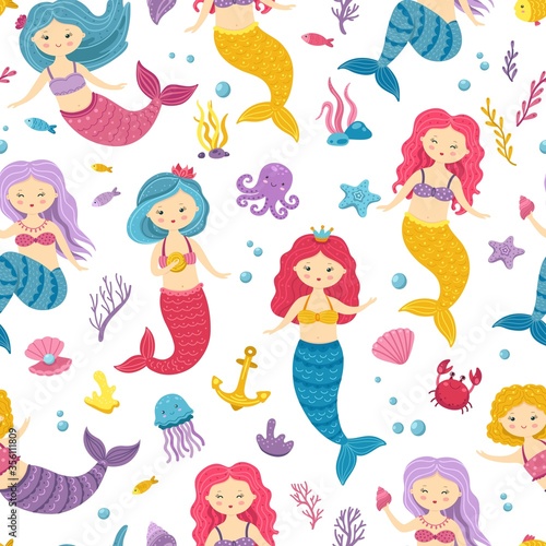 Mermaid pattern. Printable underwater mermaids background. Cute nursery print with ocean princesses. Sea fairies vector seamless texture. Princess mermaid, seamless background underwater illustration