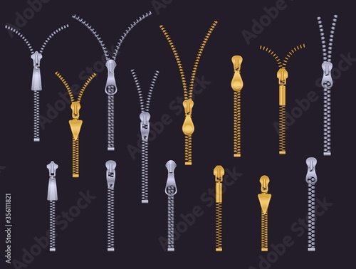 Metal zipper. Plastic metallic zip. Gold silver open and closed zippers. Tailor steel clothes pull accessories. Isolated clasps vector set. Fastener zipper, zippered sewing accessory illustration