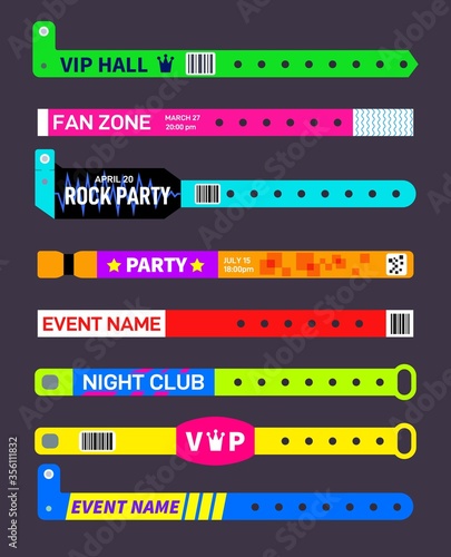 Event bracelets. Party festival entrance paper wristbands. Concert invitation ticket mockup. Music entertainments entry wristlet vector set. Concert music entrance, entry wristlet illustration