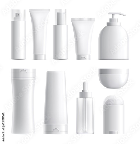 Cosmetics package. Isolated bottle mockup. Realistic blank beauty products plastic glass container. 3d skin care tube cream jar vector set. Cosmetic cream, tube product mockup, container illustration
