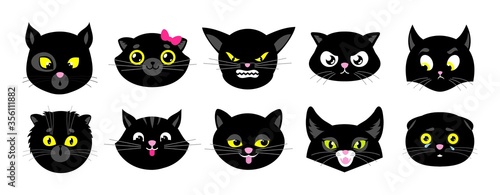Black cats faces. Isolated flat kittens, halloween cat avatars. Emotional animals stickers. Cute emoji. Funny pets heads vector Black face kitten, kitty cartoon smile, emotion cheerful illustration