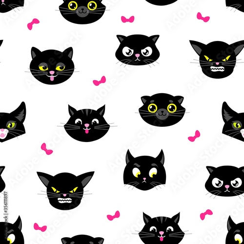 Cat pattern. Halloween cats seamless texture. Black kitten heads with yellow eyes. Kitty fabric print, cartoon animal pets faces vector. Seamless halloween, kitty face mascot illustration