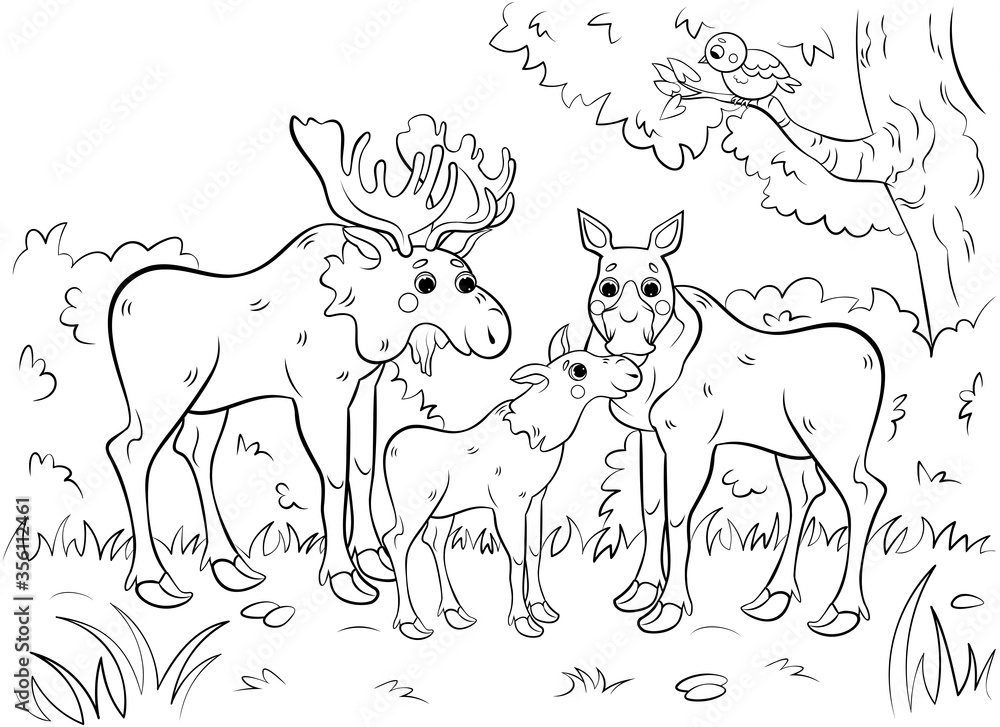 Cute cartoon raccoon family vector coloring page outline. Vector image with nature background ...