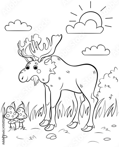 Coloring page outline of cute cartoon moose. Vector image with forest background. Coloring book of forest wild animals for kids