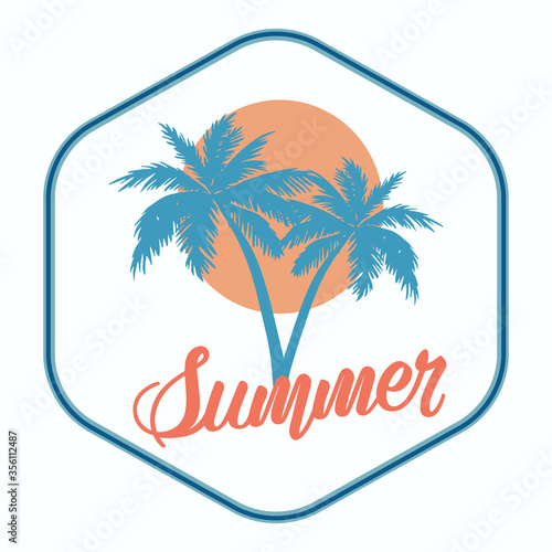 Summer emblem, sticker, badge. Logo template with hand lettering for a travel company or recreation center. Vector illustration.