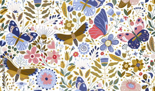 Floral ornate seamless cartoon pattern. Summer vector vintage background. Textured flower summer illustration. Decorative botanical drawing.