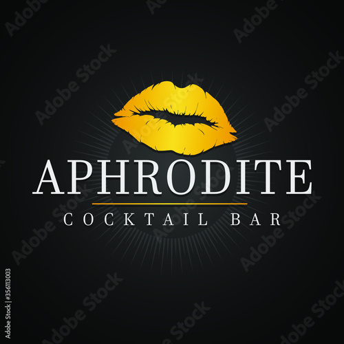 Aphrodite Icon Cocktail Bar. Kiss Lips Gold. Logotype Night Club. Flat Golden Icon.