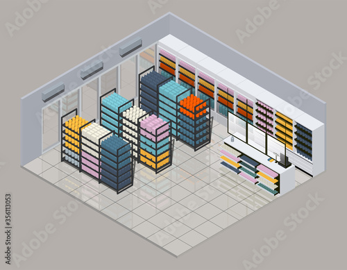 Isometric vector illustration of a new normal mini market. It have a transparent protection layer at cashier. And a hand sanitizer.