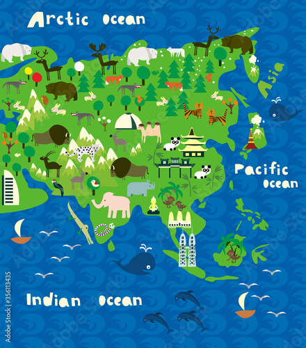 Cartoon map of asia with animals. Vector illustration