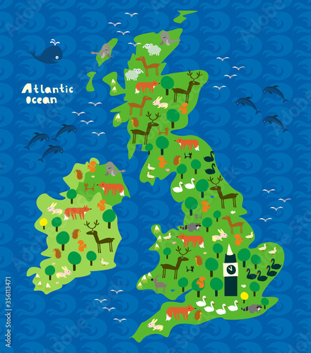 cartoon map of the uk with animals. Vector illustration