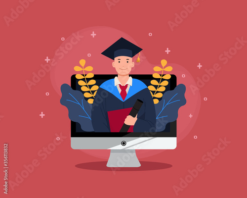 Virtual graduation in desktop computer mockup. Online graduation for class of 2020 because of corona virus pandemic. Man in academic gown. Flat vector design.