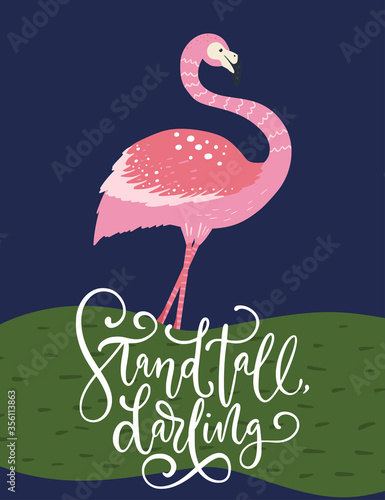 Stand tall, darling. Pink flamingo bird vector card. Tropical cute summer poster with hand drawn lettering quote and cartoon kid illustration. 