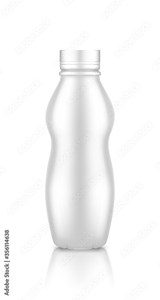 Plastic yogurt bottle with screw cap mockup isolated on white background. Packaging design. Blank nutrition or dairy product template - milk, juice, tea container. 3d realistic vector illustration Plastic yogurt bottle with screw cap mockup isolated on white background. Packaging design. Blank nutrition or dairy product template - milk, juice, tea container. 3d realistic vector illustration