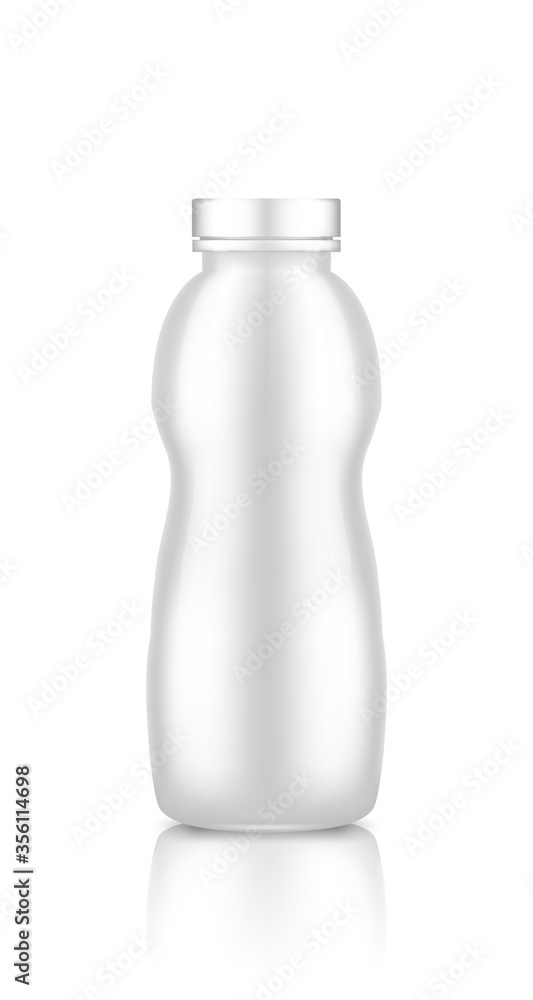 Glossy plastic yogurt bottle with screw cap mockup isolated on white background. Packaging design. Blank nutrition or dairy product template - milk, juice container. 3d realistic vector illustration Glossy plastic yogurt bottle with screw cap mockup isolated on white background. Packaging design. Blank nutrition or dairy product template - milk, juice container. 3d realistic vector illustration
