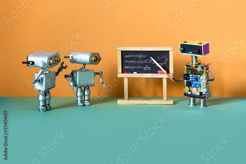 Artificial intelligence machine learning and robotics education concept. Robot teacher explains theory inverse trigonometric functions. College classroom interior with handwritten formula black