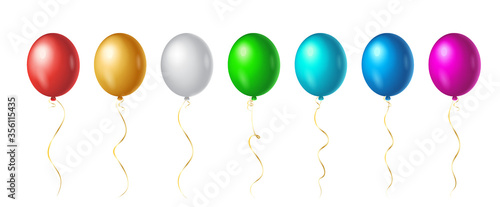 Set of flight up rainbow color helium balloons on white background. Realistic colorful design elements in red, white, golden, green, blue, pink. Vector Illustration.