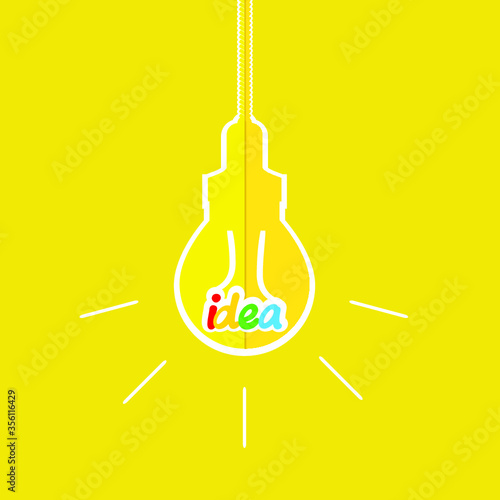 Vector illustration. Light bulb with the word of idea and rays shine.