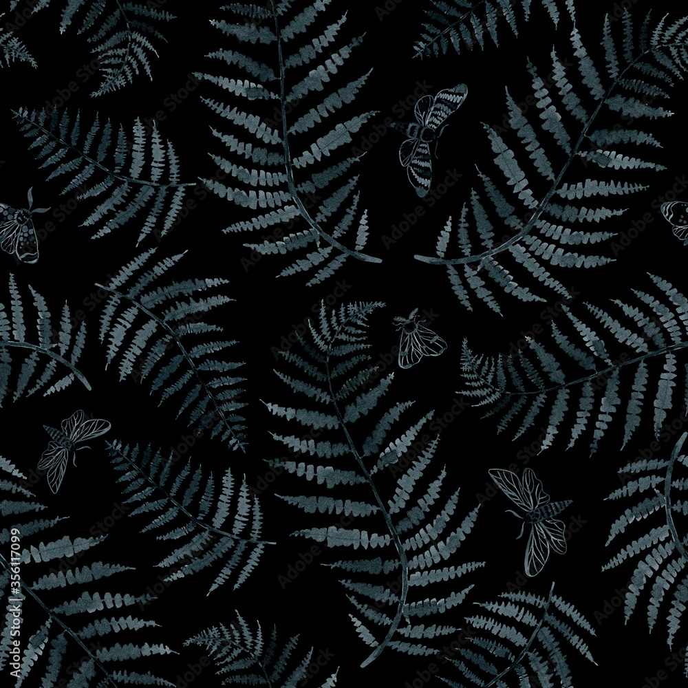 indigo fern and moths branch blue indigo watercolor hand drawing seamless pattern