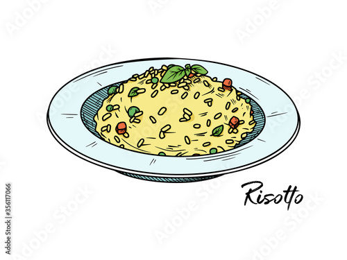 Risotto isolated on a white background. Sketch Italian dishes. Vector illustration