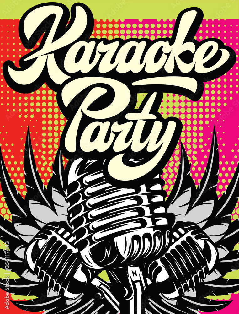 Retro poster for karaoke party. Vector color illustration