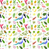 seamless pattern with images of tropical plants, birds and fruits