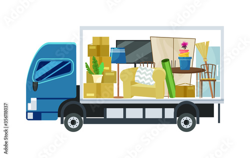 a cargo truck that shows various household items and appliances