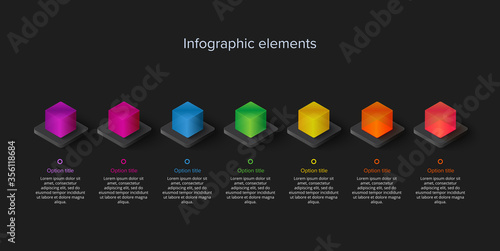 Business process chart infographics with 7 step cubes. Cubic corporate workflow graphic elements. Company flowchart presentation slide template. Vector info graphic design.