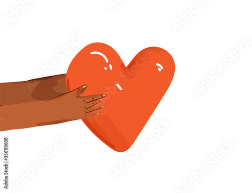 Vector flat illustration of diverse people sharing love, support, appreciation to each other. Hands giving heart as a sign of connection and unity. Love concept isolated