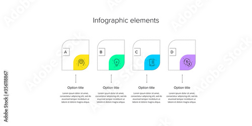 Business process chart infographics with 4 step circles. Circular corporate workflow graphic elements. Company flowchart presentation slide template. Vector info graphic design.