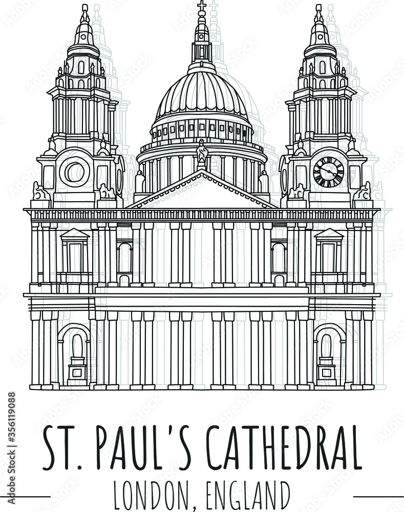 Hand drawn isolated illustration  famous landmark of  Saint Paul's Cathedral, London, England.