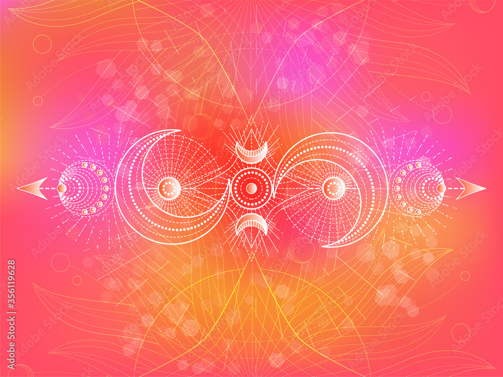 Vector illustration of Sacred geometry symbol on abstract background. Mystic sign drawn in lines. Image in pink and orange color.