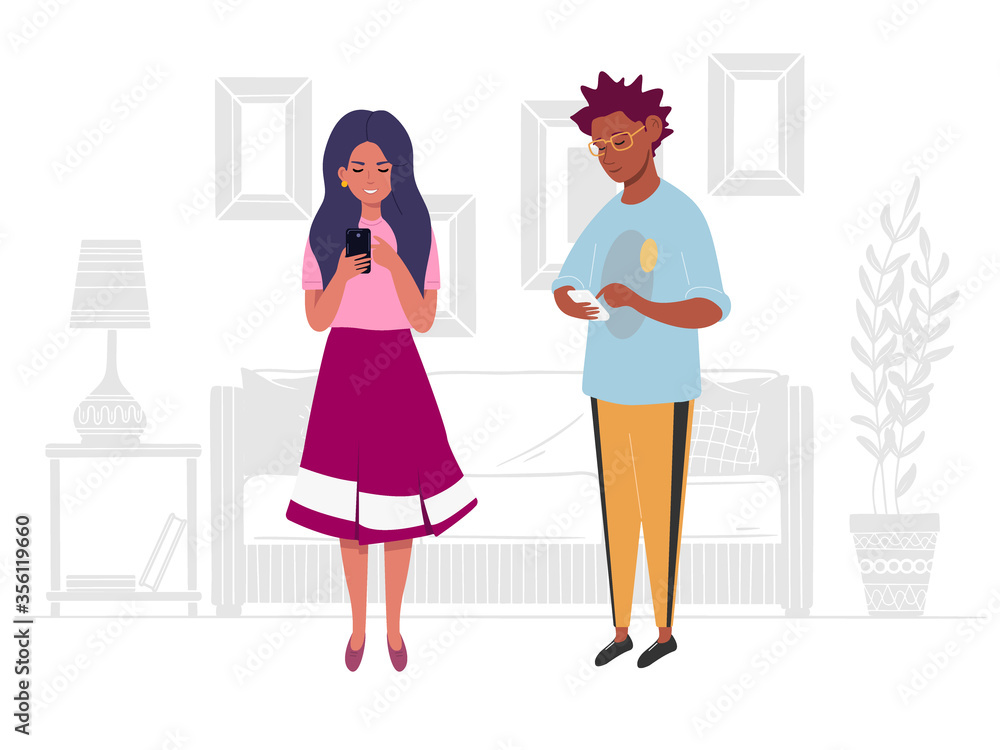 Woman man with phones on a background of interior, furniture. Vector illustration